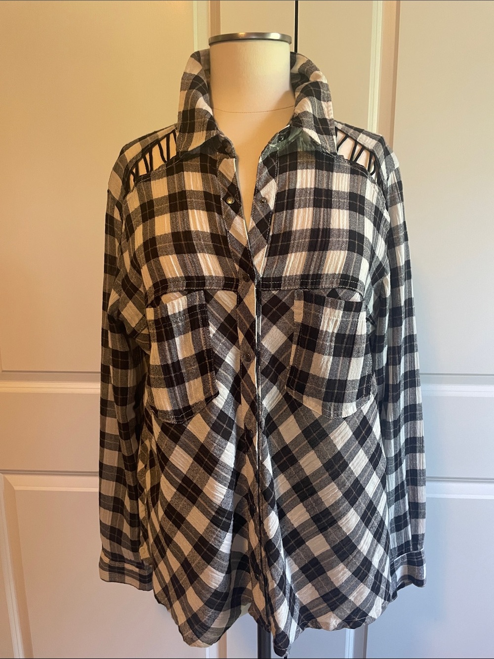 Free People Gauzy Plaid Snap Up Blouse Size Medium